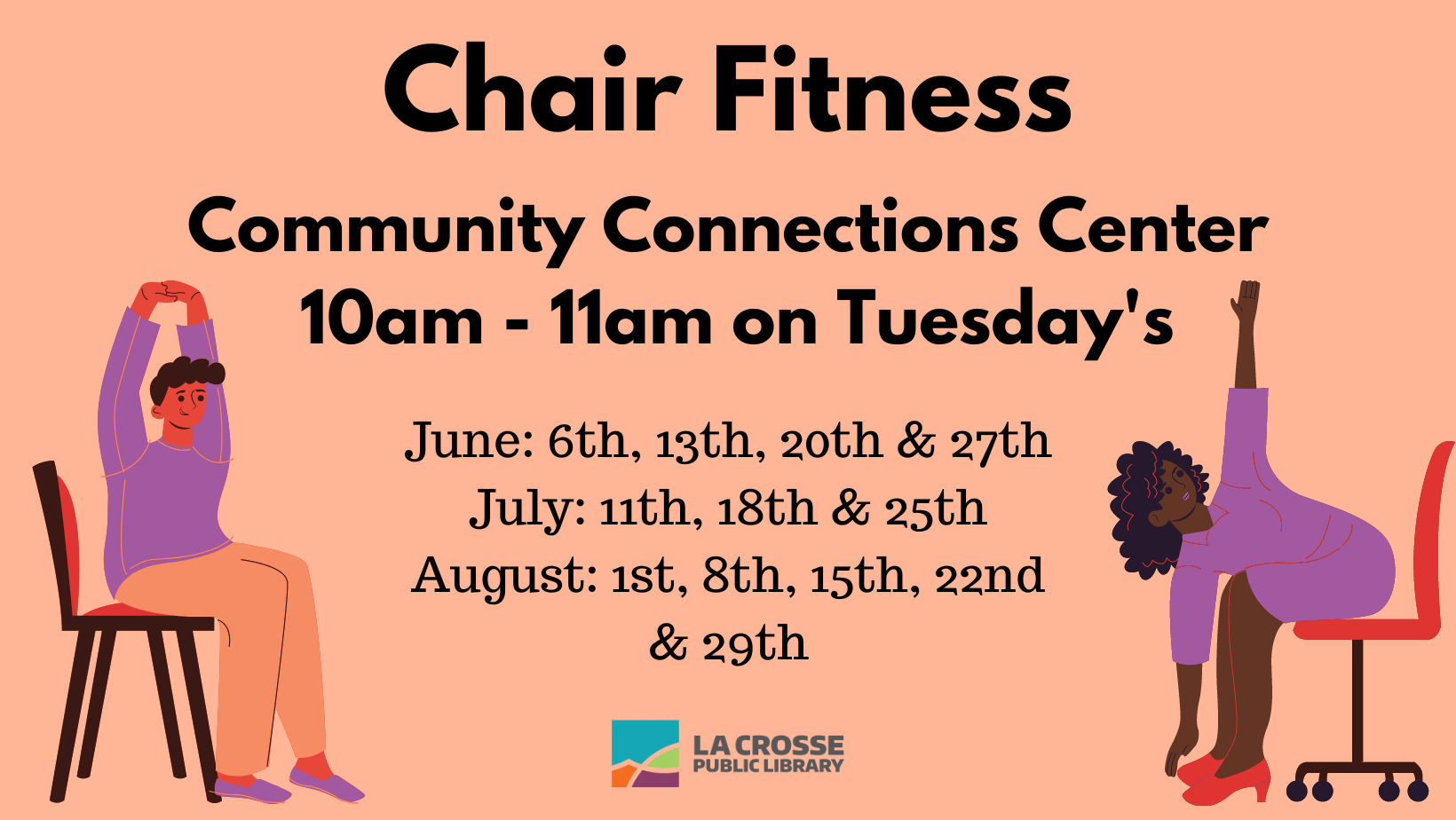 April and May chair fitness dates; same as what is given in the description. The image has a salmon pink background, bold black letters, and two people on either end stretching in chairs, both wearing purple shirts. 