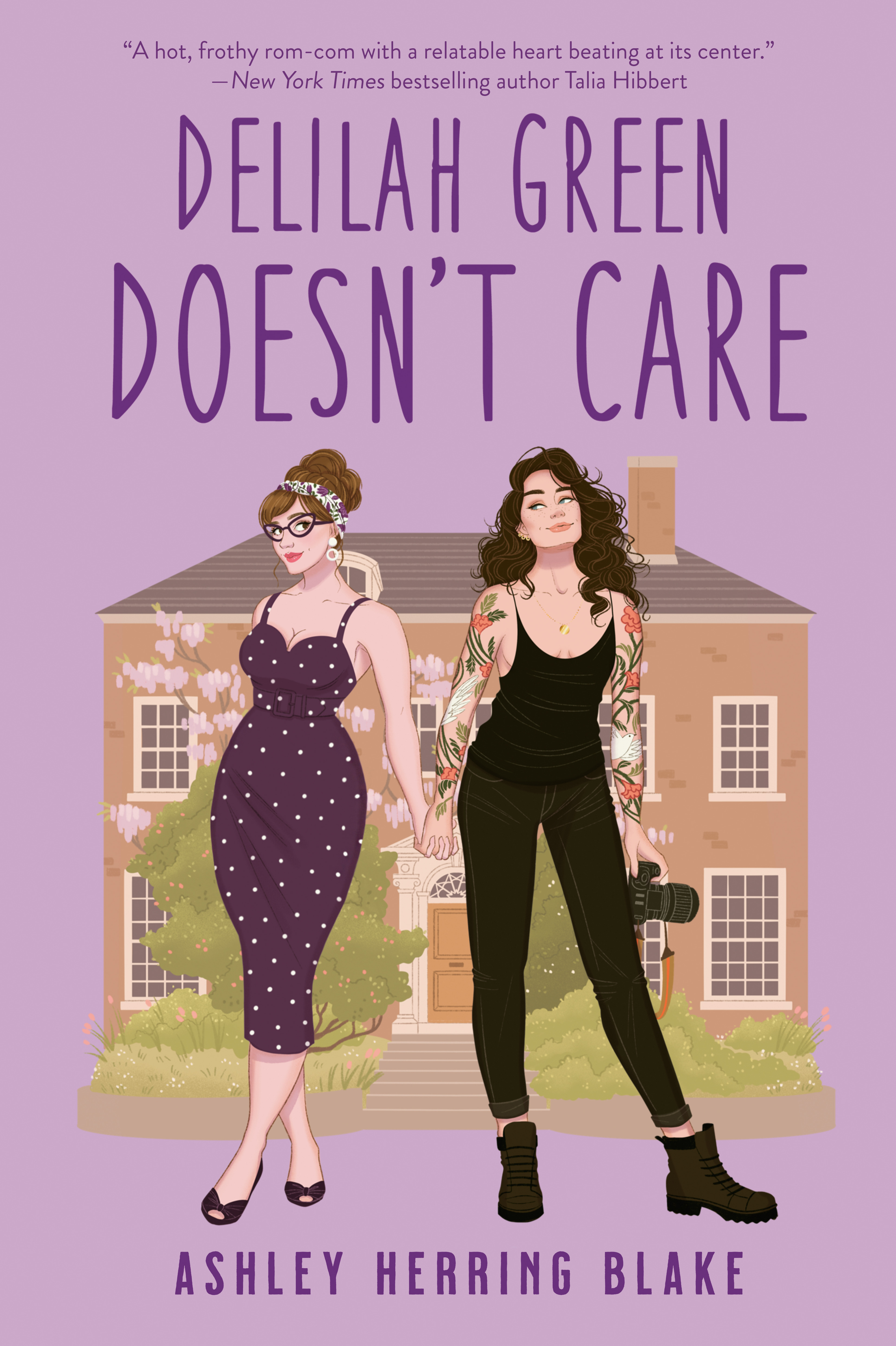 Cover of Delilah Green Doesn't Care. Purple background with two feminine-presenting people holding hands in front of a house.