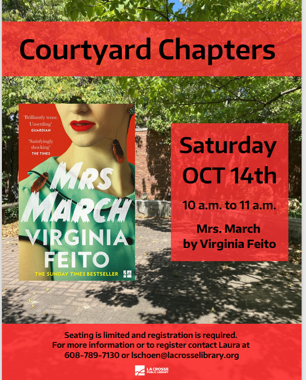Mrs. March book cover with courtyard in the background. Discussion Oct. 14 10:00am