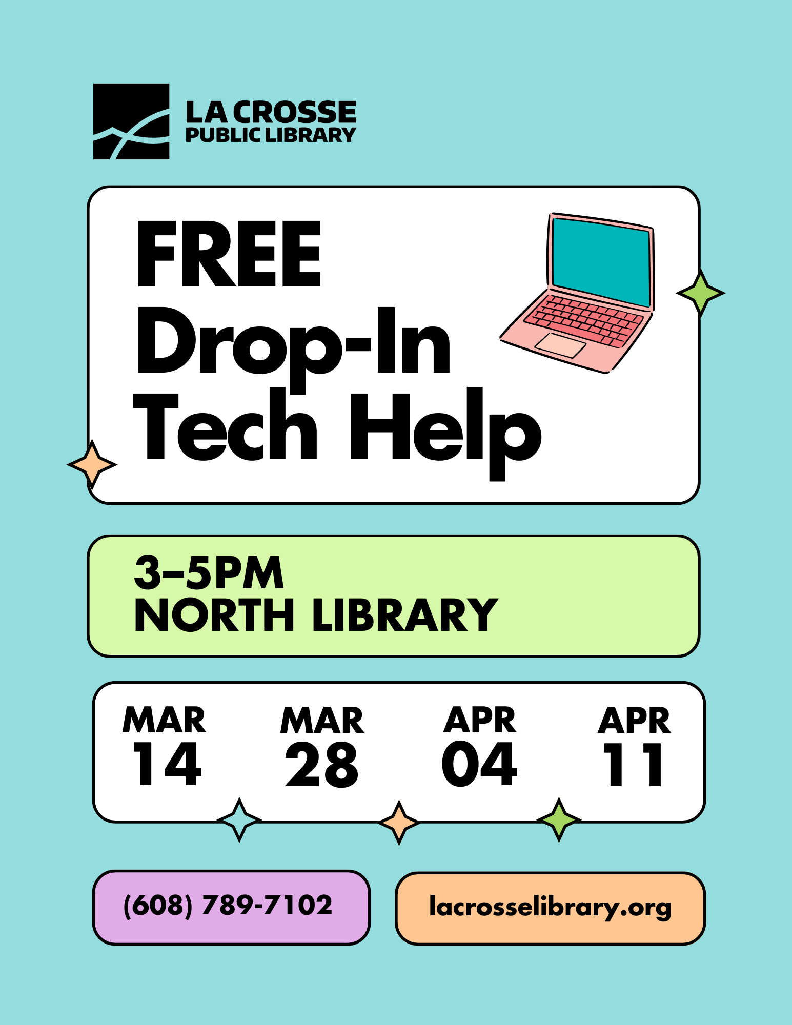 Poster for tech drop-in help at the North Branch. Includes event details.