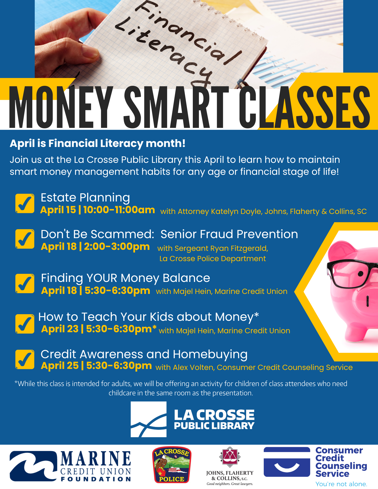 Money Smart Class poster: image of a pink piggie banks with glasses