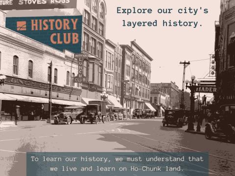 an edited image of downtown la crosse with the words explore our city's layered history