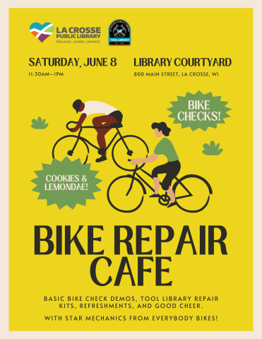 Yellow poster for the bike repair cafe, featuring event details and graphics of bikers.