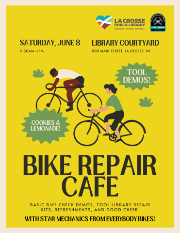 Yellow poster for the bike repair cafe, featuring event details and graphics of bikers.