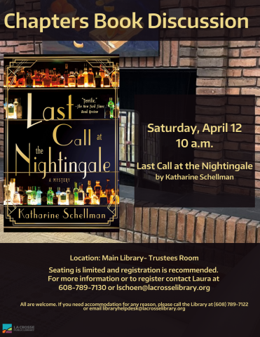 Last Call at the Nightingale book discussion. Saturday, April 12th 10 a.m. in library's Trustees Room.