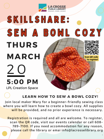 fabric bowl cozy with red, orange, and yellow geometric shapes