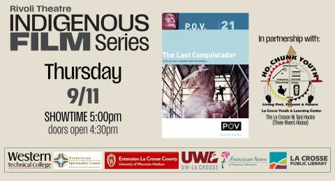 indigenous film series flyer with the last conquistador film graphic showing large statue of horse