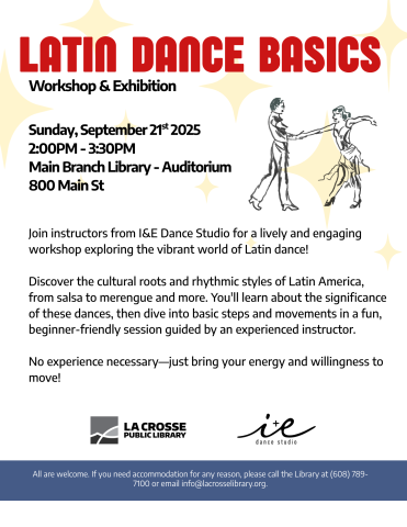 In big red block letters reads "Latin Dance Basics" with "Workshop & Exhibition" underneath. Then, it lists the date, time, and program description. To the top right is a black outline of a man and woman dancing, and faint yellow stars in the background