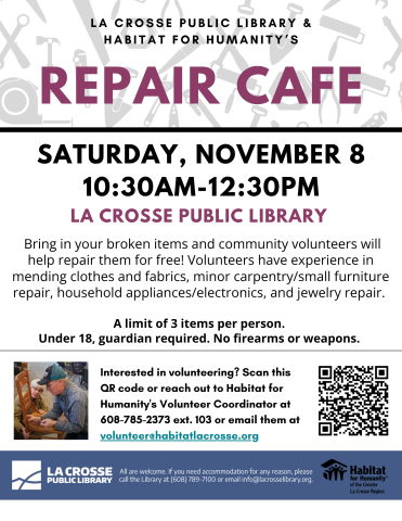Purple font advertising "Repair Cafe"; image of older adults repairing a wood chair