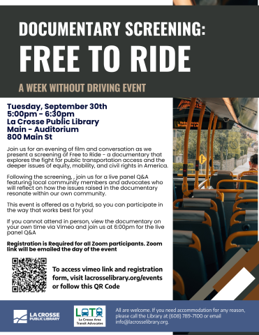 Free To Ride title is in big block letters, with the program description below it. On the right side is a photograph of the inside of a city bus, you can see one person with a shaved head of brown hair in the front seat. 