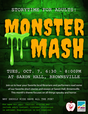 Monster Mash in big squiggly yellow letters with green goo dripping down from them. the poster has a green and black background with all of the information about the event. 