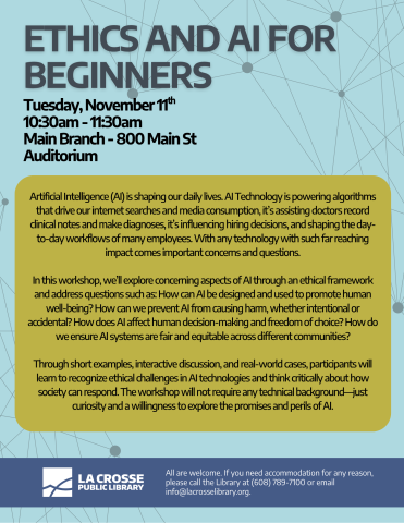 The background of this flyer is a light teal blue, with a design that looks like different webbed points connected by large dots, the background of the text is a yellow-green with text in black describing the class. 