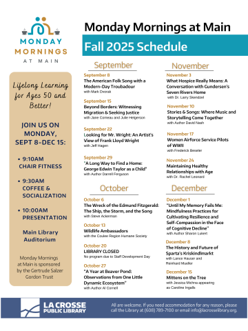 Fall 2025 Series of events; emblem in left corner depicts two stick figures intertwined to appear like the letter "M" 