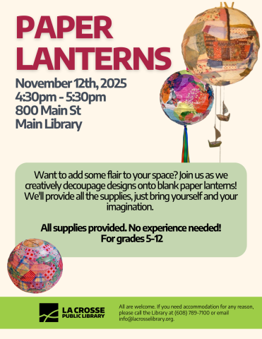 A light yellow background, with big bold pink text that reads "PAPER LANTERNS" there are two hanging paper lantern examples in the top right corner, they are colorful and have fabric scraps decoupaged on them. in the bottom left corner is another paper lantern example that is bright and multi-colored