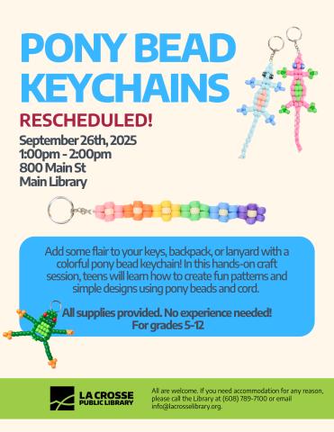 pony bead keychains in big blue thick letters, two beaded geckos, one green and pink, and one blue and pink hang from the top right corner, a rainbow flower keychain lays horizontally in the middle, while a green frog beaded keychain sits on the bottom left corner.