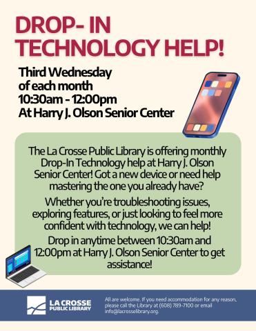 pale yellow background with big maroon letters spelling out Drop-in Technology Help! with the description of the program in the body of the page. an illustrated phone is in the top right corner, while an illustrated laptop is in the bottom left hand corner.