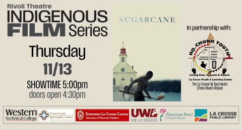 indigenous film series flyer with sugarcane film cover of a person with a burning coal in a shovel and a church in the background