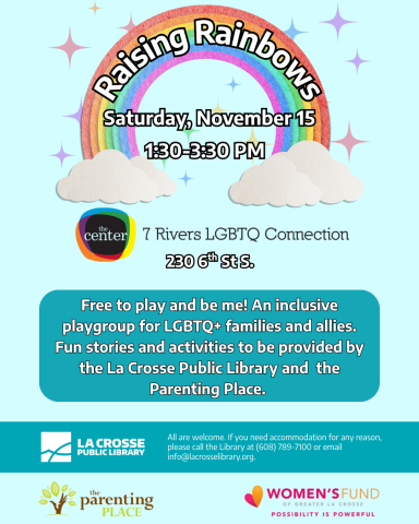 ChatGPT said:  Raising Rainbows playgroup for LGBTQ+ families, Nov 15, 1:30–3:30 PM at 230 6th St S. Free stories & fun. All are welcome!