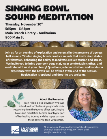 a grey background with thick black text on top that reads: "Singing bowl sound meditation" in all capital letters. The date, time, and location is listed below the title. Behind the program description is a photo of copper singing bowls laid out on the carpet. Below the description is a photo of the presenter and a short about section. 