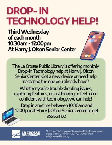 pale yellow background with big maroon letters spelling out Drop-in Technology Help! with the description of the program in the body of the page. an illustrated phone is in the top right corner, while an illustrated laptop is in the bottom left hand corner.