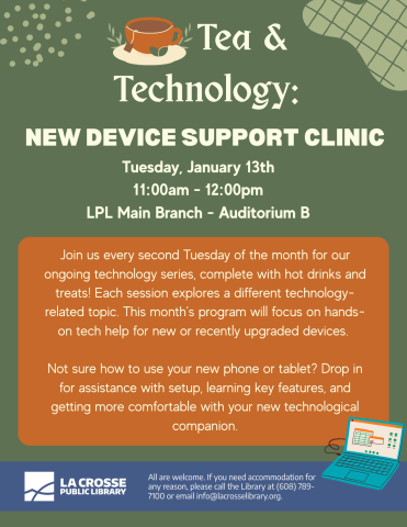 a sage green background with a tea cup and laptop imagery, with the title of the program across the top.