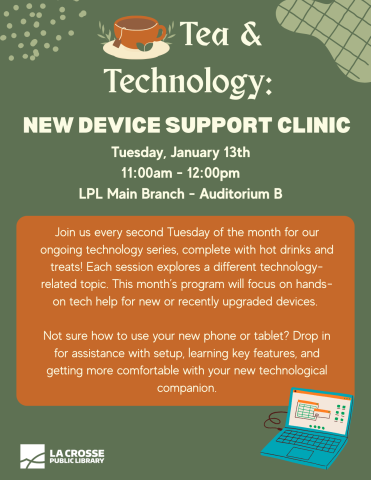 Green background with creme lettering and an illustrated tea cup and laptop at the top and bottom, respectivley.