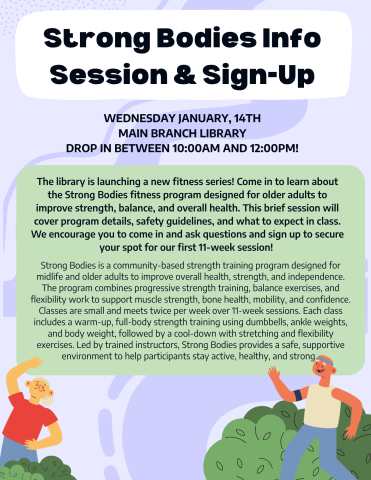 Illustrated older folks are exercising at the bottom of the page, there are green bushes surrounding them. 