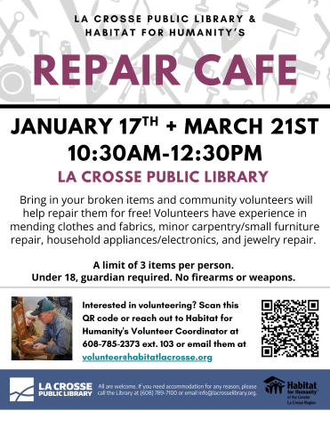 Purple font advertising "Repair Cafe"; image of older adults repairing a wood chair