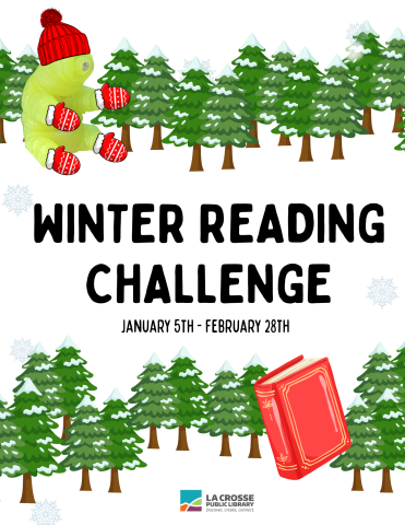snowy evergreen trees line the bottom and top of the page, with "winter reading challenge" written in big block letters across the middle. A lime green tardigrade is on the top left wearing a red hat and red mittens on all of his limbs. The bottom right has a big red book.