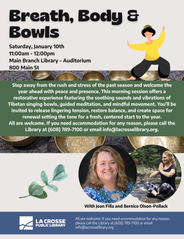 an illustrated of a woman in a yellow sweater doing Qi Gong in the top right corner, with photos of instructors at the bottom. Joan has light brown hair and is wearing a blue shirt, while Bernice looks to be meditating at a rivers edge. 