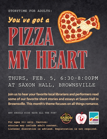 A big illustrated pizza heart is in the top left corner, with a grey-black background and all the details of the event. 