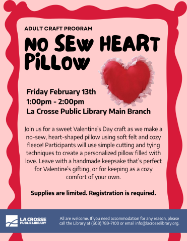 red illustrated frame boarders the flyer, a photo of a red fleece heart pillow is in the top right, with the complete program description. 