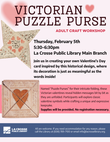 Pink background with big text describing the program. Near the top left corner is an unfolded victorian puzzle purse with intricate designs, and below it there is a folded puzzle purse that has a big read heart on the middle. 