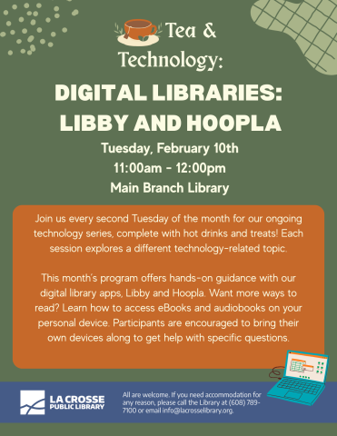 green background with "tea and Technology" written at the top. Below is a big orange text box, with the pertinent details of the program. a small blue illustration of a laptop sits at the bottom right hand of the flyer.