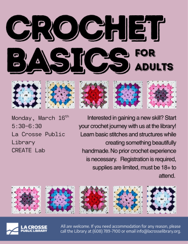 a pinkish background with huge letters that read "CROCHET BASICS FOR ADULTS" with colorful granny squares outlining the event description. 