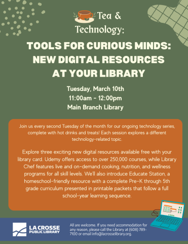 a sage green background with a tea cup and laptop imagery, with the title of the program across the top.