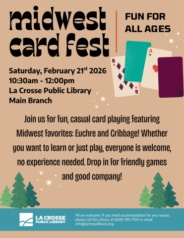 Big bold letters with the program title, small multi-green colored trees border the bottom two corners, and 4 rustic looking illustrations of cards along the top right corner. The details of the program are included on the poster. 