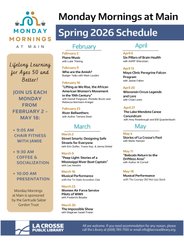 Spring 2026 Calendar of Events - logo image of two figures enjoying warm beverage