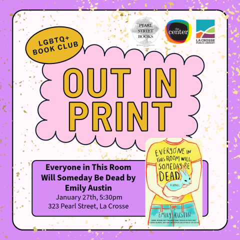 Large yellow letters spell out "out in print" with the details of the meeting. In the right bottom corner is a picture of the book cover which is an illustrated body wearing a yellow shirt holding a blue bunny. 