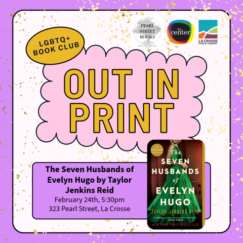 Large yellow letters spell out "out in print" with the details of the meeting. In the right bottom corner is a picture of the book cover which has a deep red background with a body of a woman dressed in an elegant emerald color ball gown.