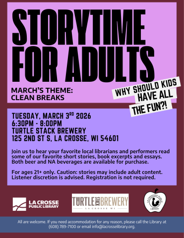 A purple and violet background with big black text that reads "STORYTIME FOR ADULTS" with all of the details of the program. 