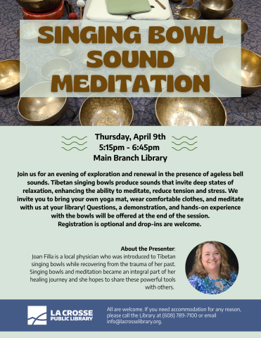 Big bold text with "singing bowl sound meditation" in front of a real photo of the presenter's singing bowls. there are 5 different sizes of bronze metal singing bowls.