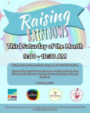 Gemini said Flyer for "Raising Rainbows," an LGBTQIA+ family playgroup. Third Saturdays, 9–10:30 AM. Includes storytime, crafts, and park playtime for ages 3–7. Hosted by The Center and local library partners.