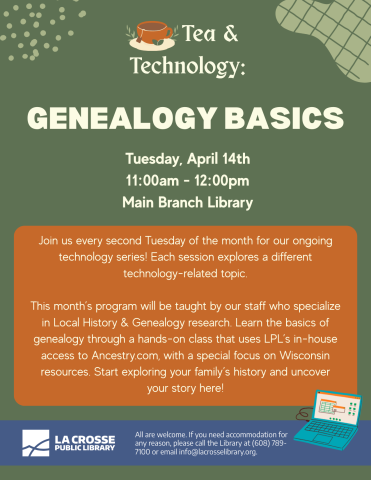 Green background with "Genealogy Basics" in big bold cream colored letters at the top. the pertinent information is below. 