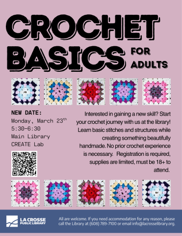 a pinkish background with huge letters that read "CROCHET BASICS FOR ADULTS" with colorful granny squares outlining the event description. 