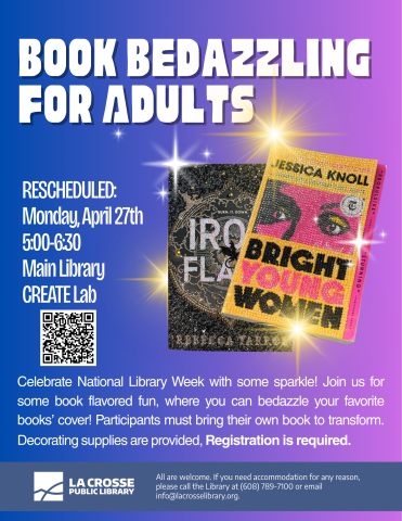 Book Bedazzling for Adults poster, an ombre purple to pink background, with a bedazzled cover of Iron Flame and Bright Young Women with the description of the class. 