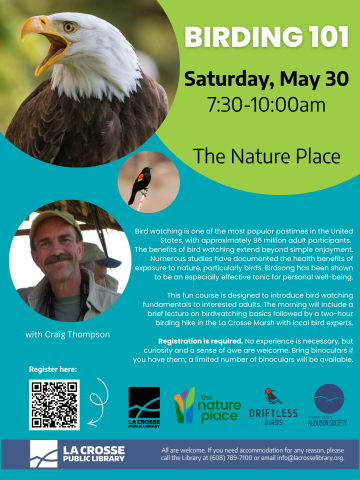 Bald eagle and red-winged black birds featured with smiling image of bird watching instructor