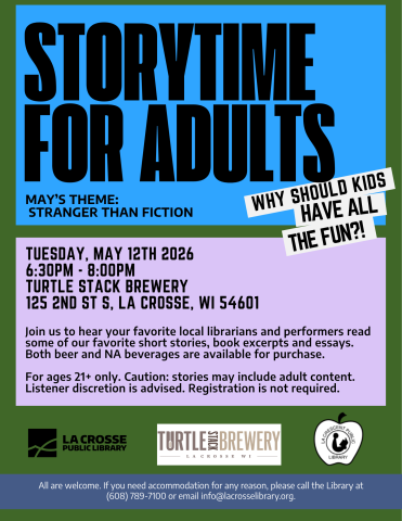 Big blocks of blue, Purple, and Green as the background, with "Storytime for Adults" in big black letters at the top. Description for the program below.