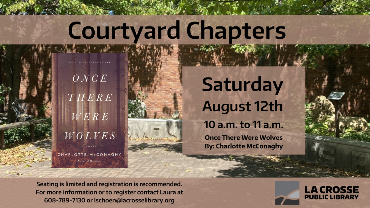 Library courtyard with Once There Were Wolves book cover