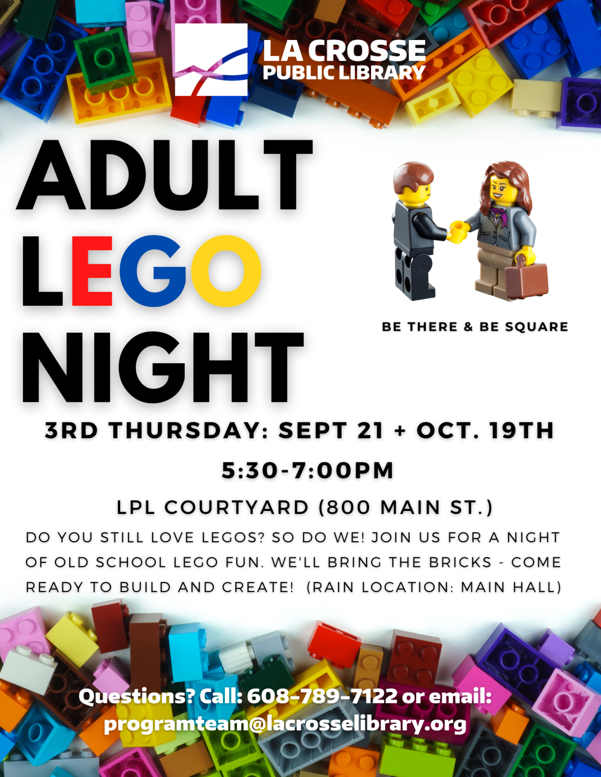 Colorful Lego bricks with two Lego characters shaking hands